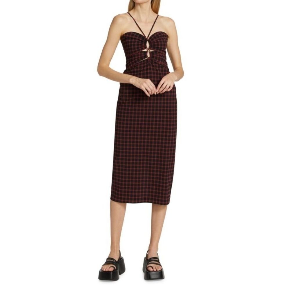 Rachel Comey Designer Indra Bodycon Midi Dress Black Red Plaid Cutout Womens 10